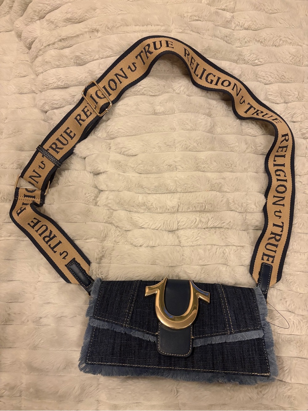 True Religion Dark Denim Crossbody with Branded Strap and Gold Tone Logo
